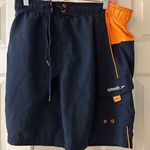 Speedo Mens M Marina Sport Volley Swim Trunks Navy Blue Orange Cargo Shorts